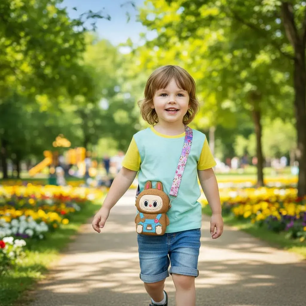 Bolso monedero infantil Labubu de silicona marrón estilo kawaii con tiras estampadas, usado por niña en sendero de parque.