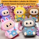 Monederos Labubu de silicona en colores morado, amarillo, marrón, rosa y gris, con correas estampadas y diseño de personajes estilo kawaii.