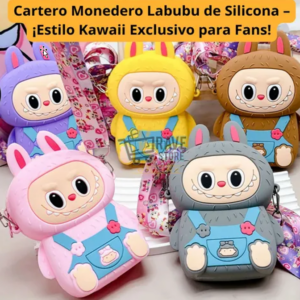 Monederos Labubu de silicona en colores morado, amarillo, marrón, rosa y gris, con correas estampadas y diseño de personajes estilo kawaii.