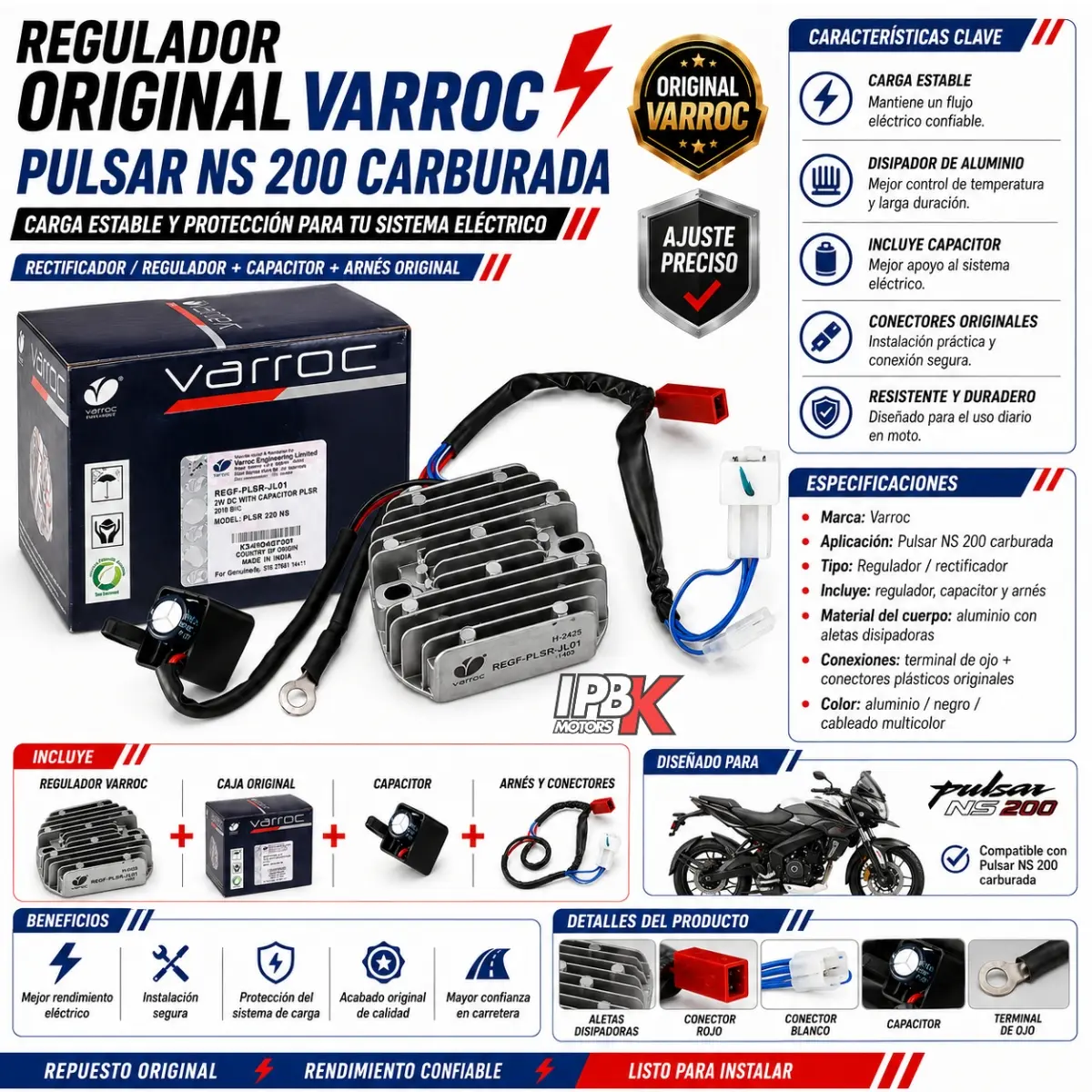 Regulador rectificador de voltaje Varroc para Pulsar NS200 Carburada - Protege el sistema eléctrico y asegura una carga estable