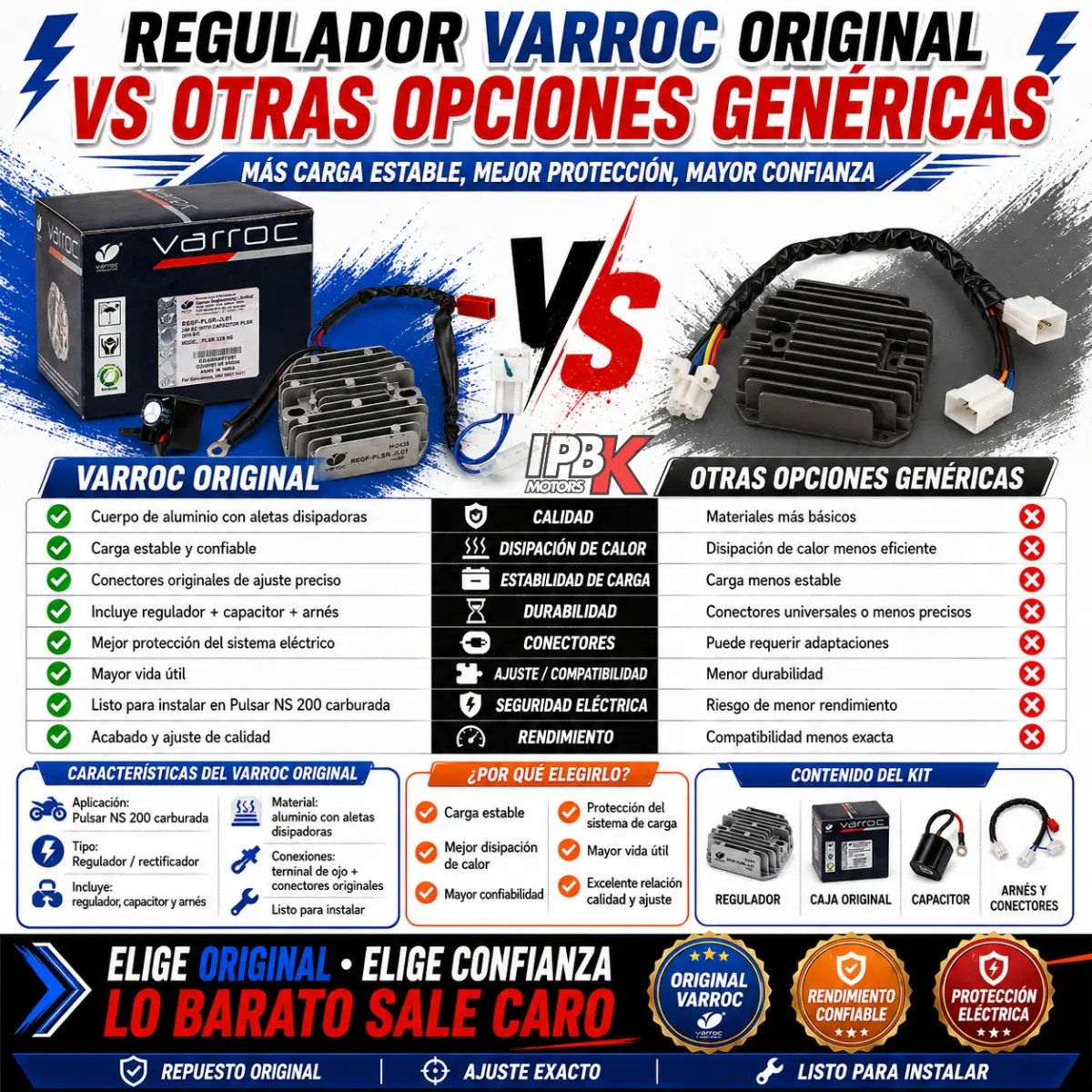 Regulador rectificador de voltaje Varroc para Pulsar NS200 Carburada - Protege el sistema eléctrico y asegura una carga estable