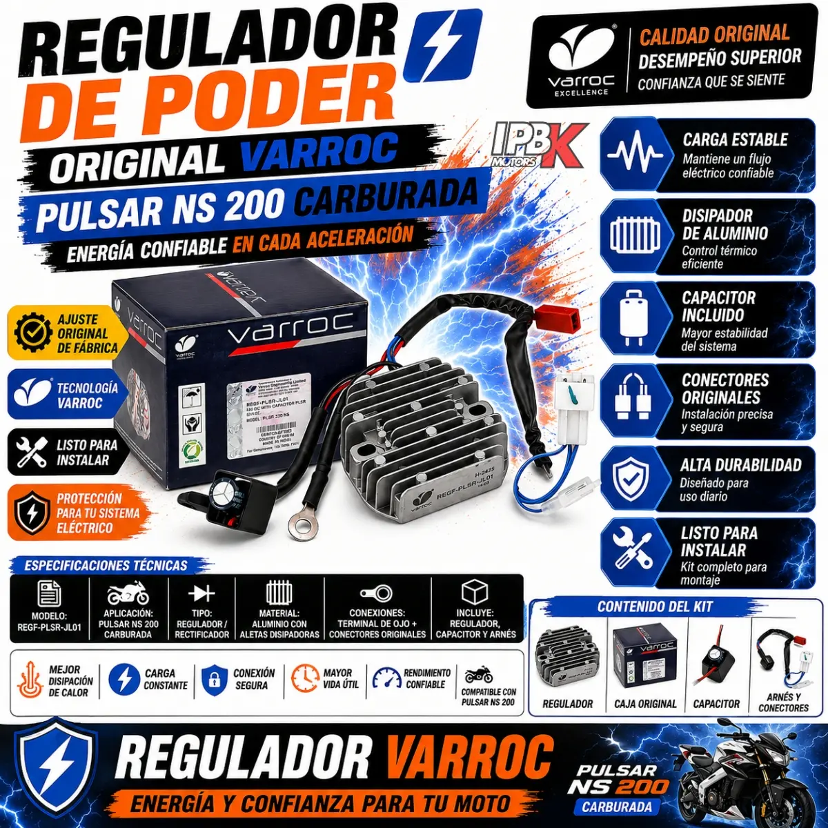 Regulador rectificador de voltaje Varroc para Pulsar NS200 Carburada - Protege el sistema eléctrico y asegura una carga estable