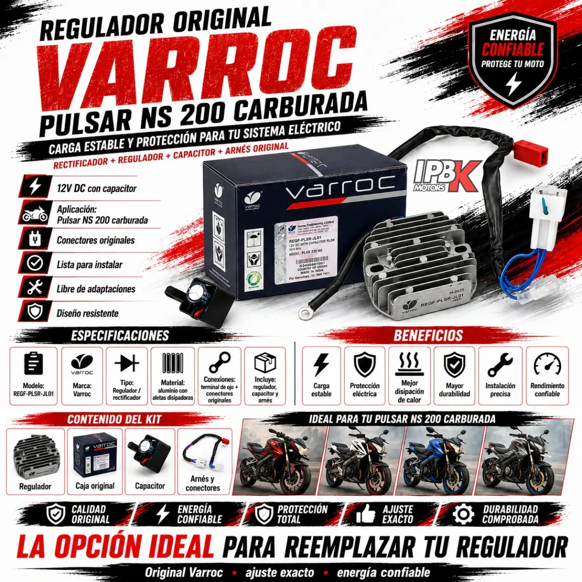 Regulador rectificador de voltaje Varroc para Pulsar NS200 Carburada - Protege el sistema eléctrico y asegura una carga estable