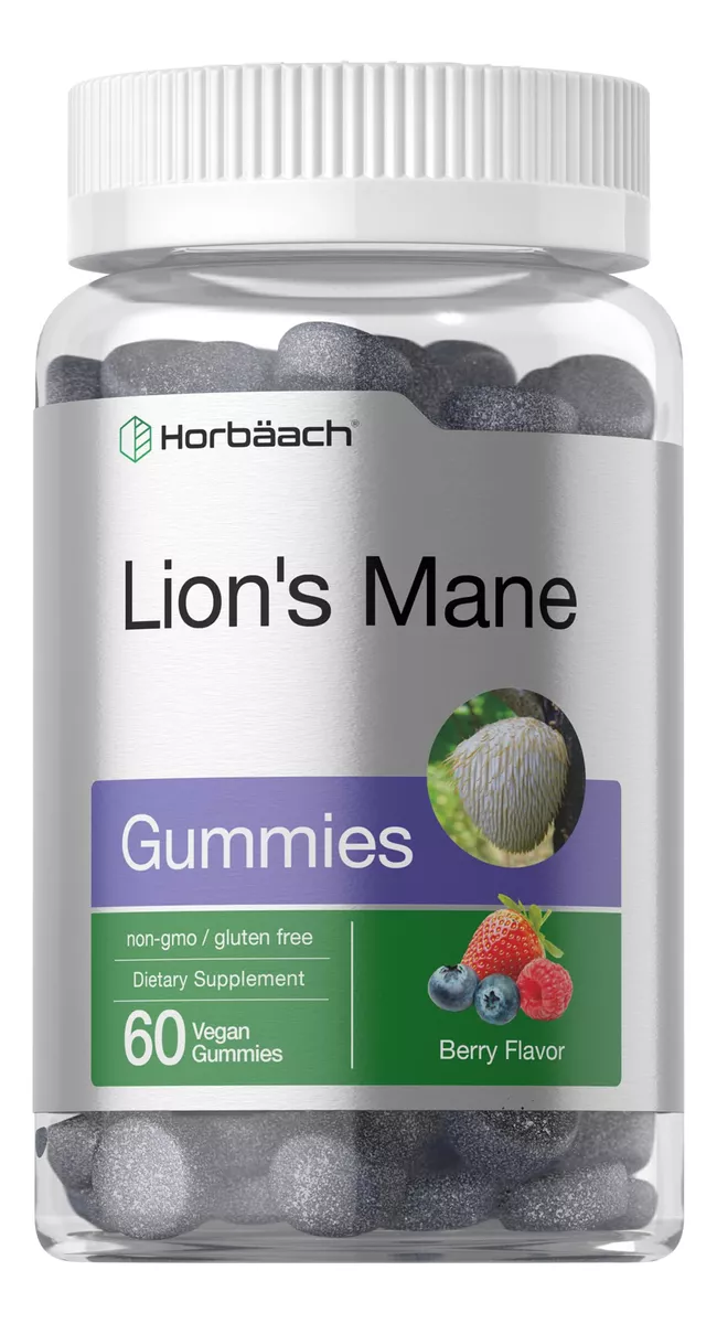 Frasco de gomitas de Melena de León Horbach sabor a bayas, veganas, sin gluten y sin OGM, con capacidad de 60 unidades en presentación transparente con tapa blanca.