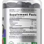 Frasco transparente con tapa blanca y gomitas gris oscuro. Etiqueta de suplemento de Melena de León 750 mg, fórmula vegana y sin gluten.