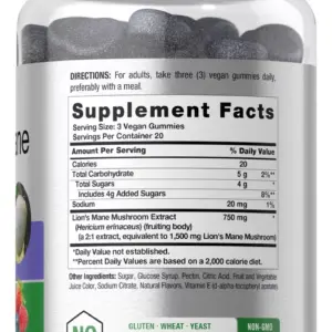 Frasco transparente con tapa blanca y gomitas gris oscuro. Etiqueta de suplemento de Melena de León 750 mg, fórmula vegana y sin gluten.