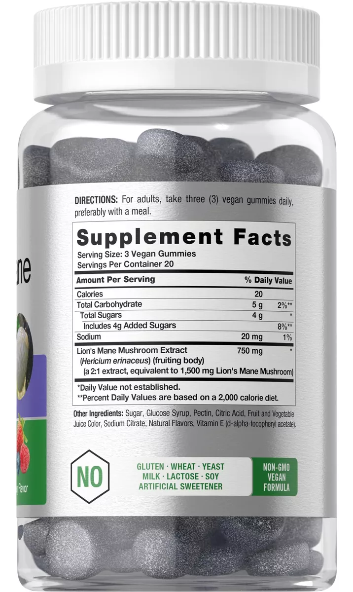 Frasco transparente con tapa blanca y gomitas gris oscuro. Etiqueta de suplemento de Melena de León 750 mg, fórmula vegana y sin gluten.