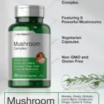 Frasco verde de Horbaach Mushroom Complex con 150 cápsulas de 8 hongos adaptógenos, sin gluten y no GMO, con etiqueta blanca y detalles verdes.