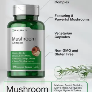 Frasco verde de Horbaach Mushroom Complex con 150 cápsulas de 8 hongos adaptógenos, sin gluten y no GMO, con etiqueta blanca y detalles verdes.