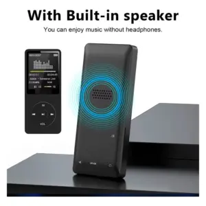Reproductor MP3 portátil negro con altavoz integrado que emite ondas de sonido azules y pantalla con controles de reproducción de música.