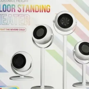 Calefactor eléctrico blanco de diseño esférico con base ajustable en cuatro alturas para uso en piso o mesa.