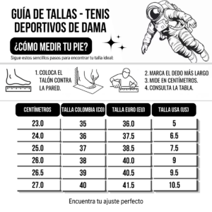 Guía de tallas para tenis deportivos de dama con tabla de equivalencias en centímetros, Colombia, Europa y USA desde 23 cm hasta 27 cm.