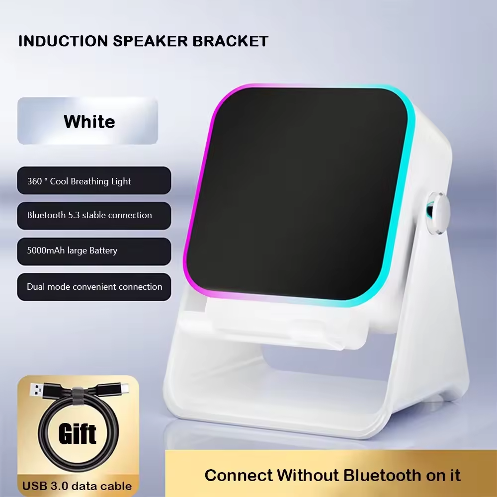 Soporte de altavoz por inducción blanco con luces RGB de colores, diseño inclinado para escritorio e incluye cable de datos USB 3.0.