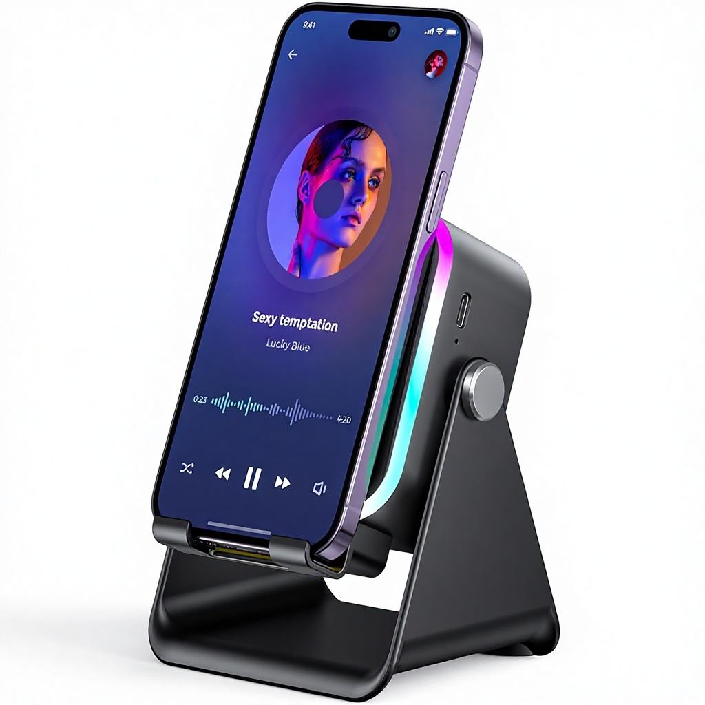 Soporte altavoz inalámbrico negro con luces RGB laterales, sosteniendo un smartphone en posición inclinada para escritorio.