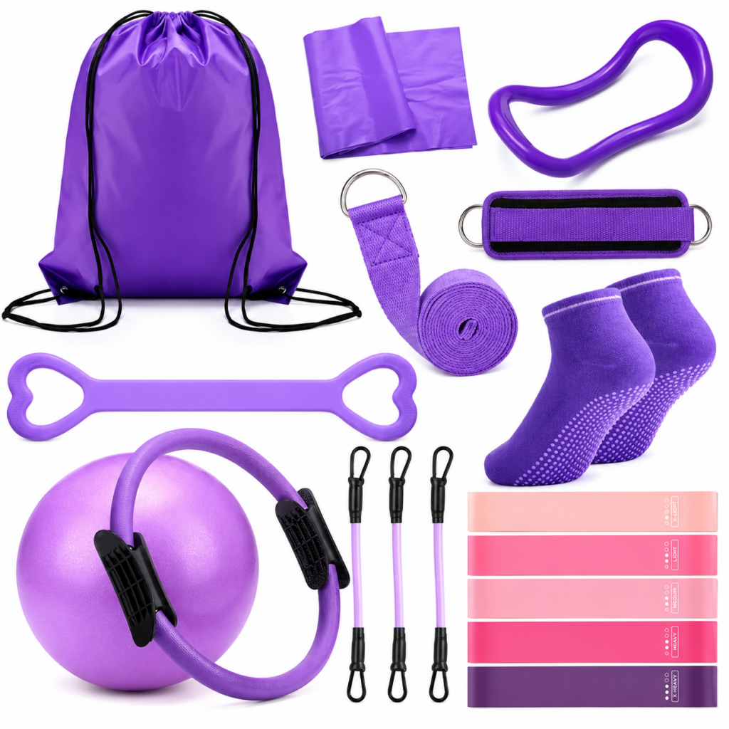 Set completo de 13 accesorios de yoga y pilates color morado con bolsa de transporte
