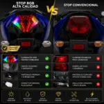 Comparativa de stop LED RGB trasero versus convencional para motocicleta en color azul, mostrando mayor visibilidad y diseño deportivo.