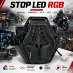Stop LED RGB negro con diseño ahumado deportivo para Yamaha R3, R25, MT25, MT03 y MT07. Incluye direccionales integradas y conector de cables.