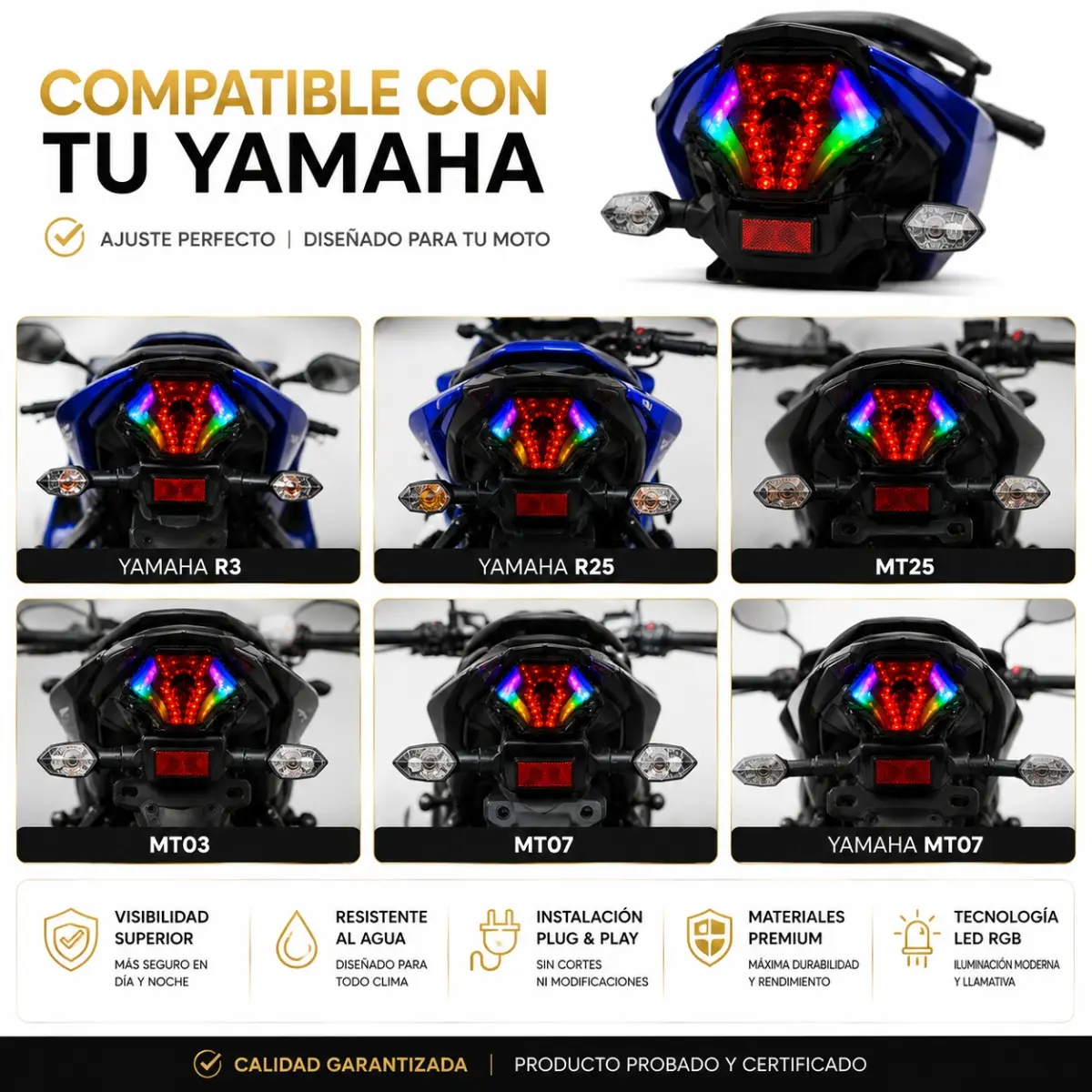 Stop LED RGB integrado para Yamaha R3, R25, MT03, MT07 y MT25 con luz trasera tricolor y diseño deportivo de alta visibilidad
