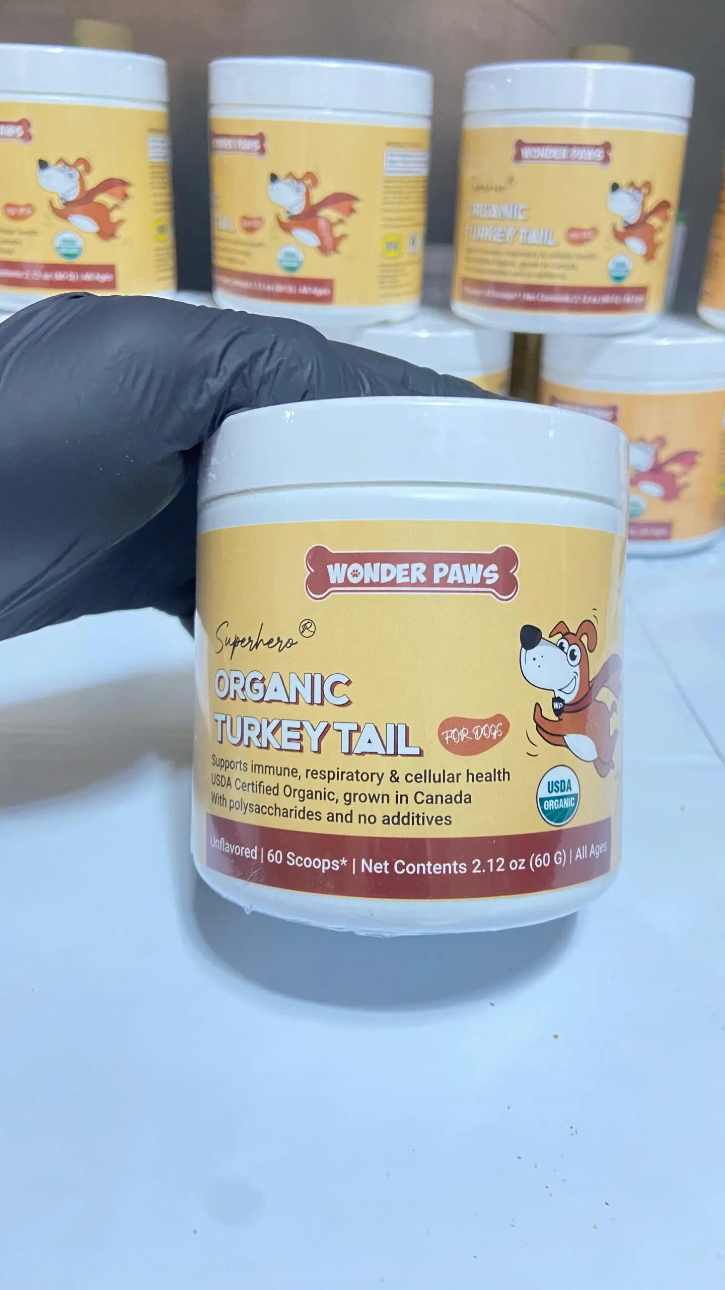 Envase blanco de suplemento orgánico para perros Wonder Paws Organic Turkey Tail de 60 gramos sostenido por una mano con guante negro.