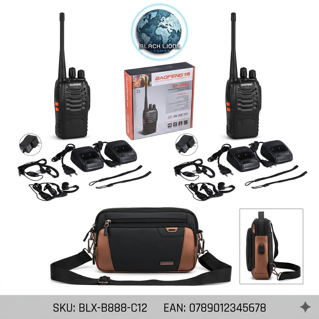 Set de dos radios comunicadores Baofeng negros con dos bases de carga, manos libres, caja, accesorios y bolso antirrobo negro con detalles bronce.