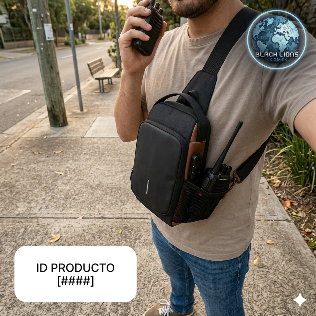 Hombre usando bolso bandolera antirrobo negro con detalles marrones, combinado con radio Baofeng en bolsillo lateral y urbano de fondo.