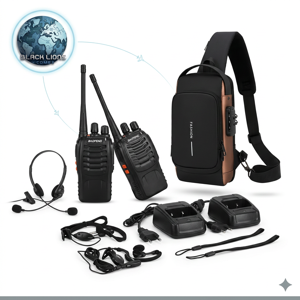Kit de dos radios portátiles negros con bases de carga, manos libres, audífonos, accesorios y bolso cruzado antirrobo de color negro y café con cerradura.