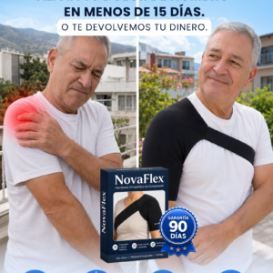Hombrera de compresión NovaFlex negra para estabilidad del hombro, mostrada en uso y en su empaque azul con sello de garantía de 90 días.