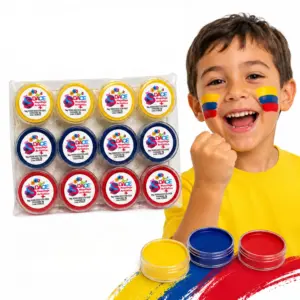 Kit de 12 pinturas faciales en amarillo, azul y rojo para la bandera de Colombia, con tarros individuales y un niño con el rostro decorado.