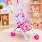 Coche de juguete plegable en metal blanco con asas y ruedas dobles fucsias, incluye muñeca vestida de rosa en asiento con estampado floral y correas.