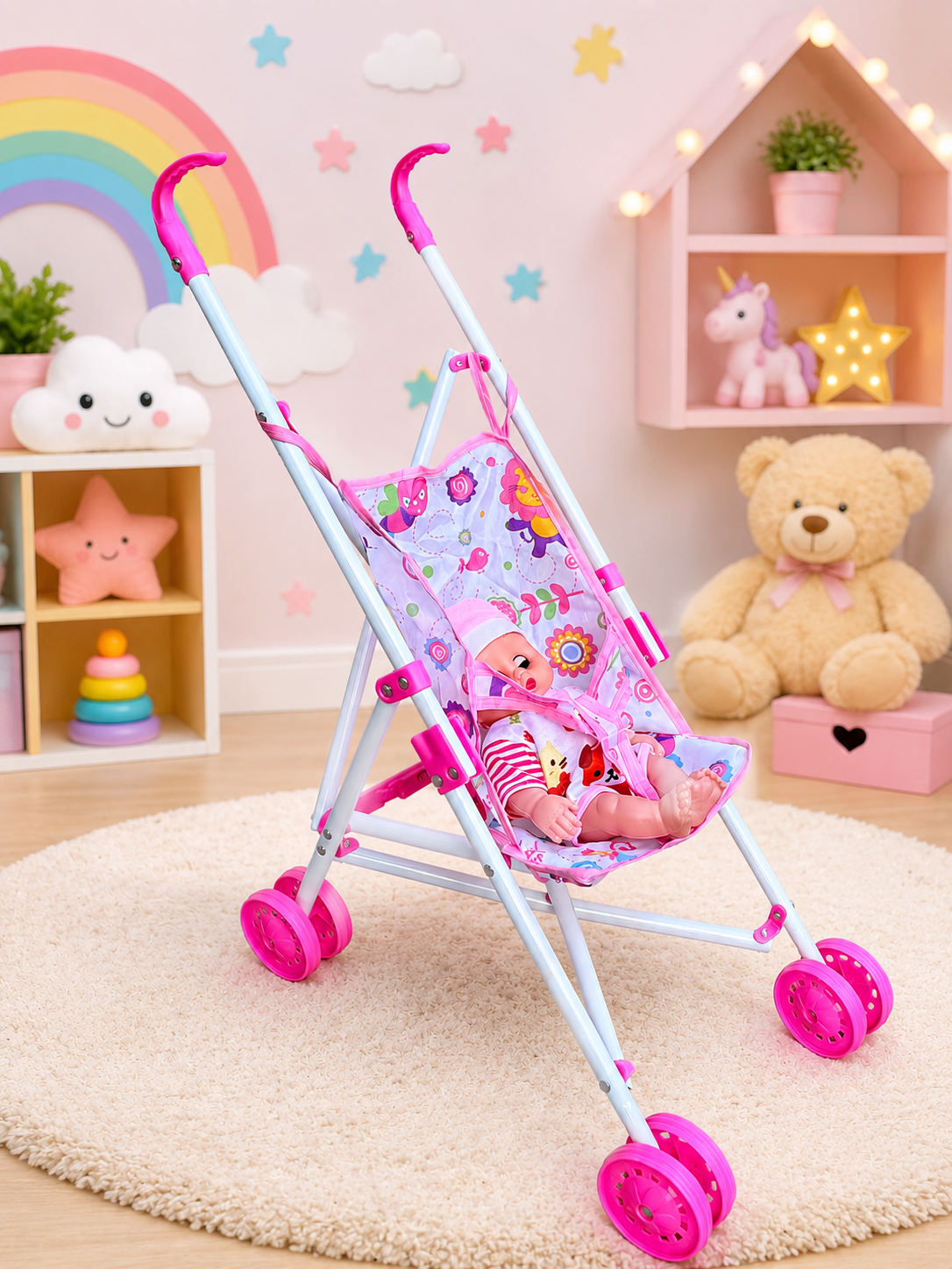 Coche de juguete plegable en metal blanco con asas y ruedas dobles fucsias, incluye muñeca vestida de rosa en asiento con estampado floral y correas.