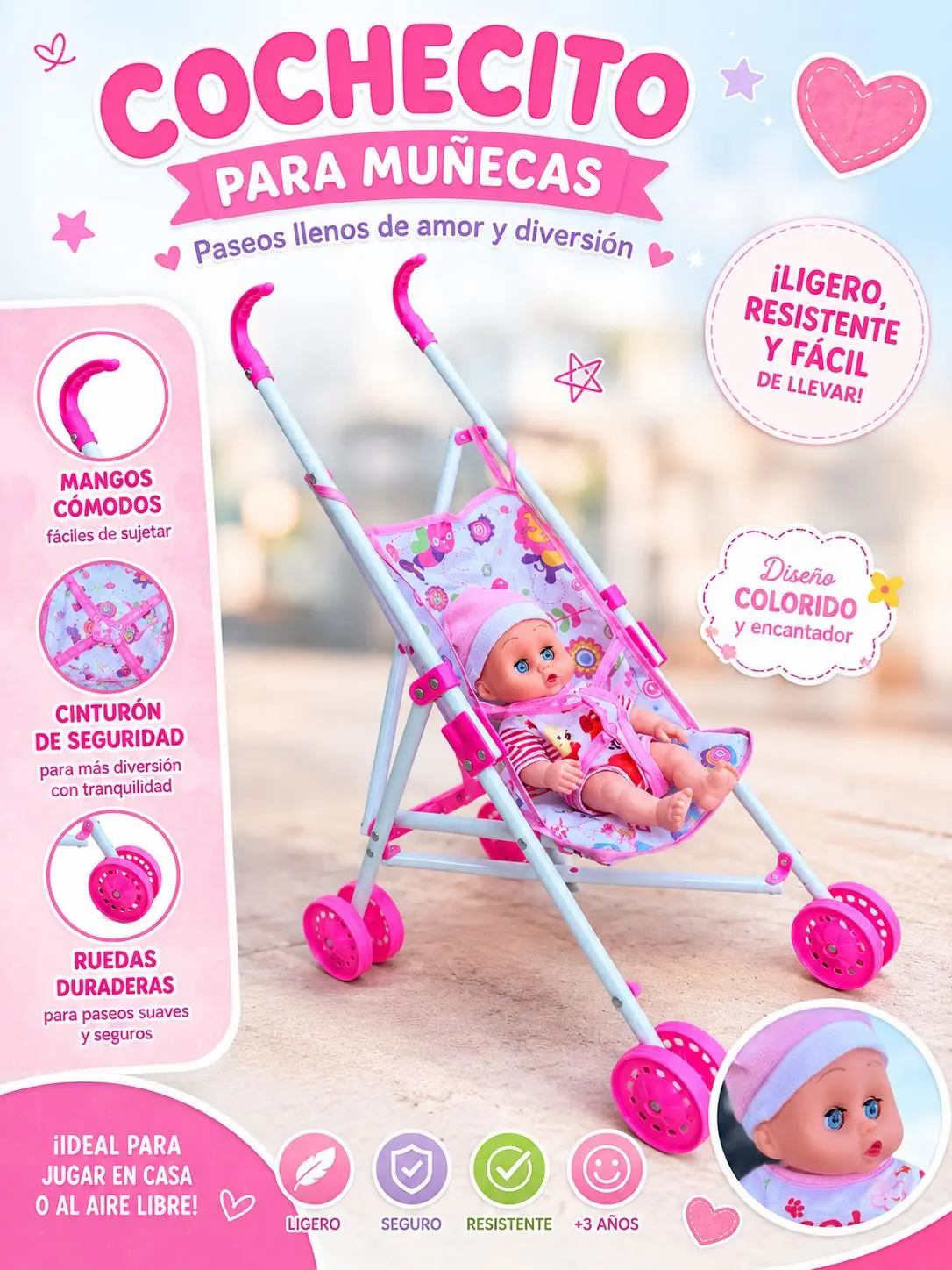 Cochecito de juguete para muñecas con estructura azul claro, detalles en rosa y una muñeca sentada en un asiento con estampado colorido.