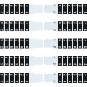 Set de diez termómetros adhesivos en cristal líquido con indicadores de temperatura corporales en grados Celsius y Fahrenheit.