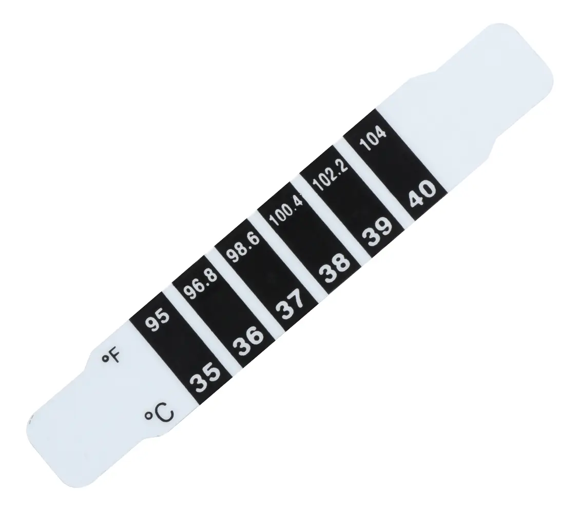 Termómetro en stiker de cristal líquido para bebé, de forma alargada con esquinas redondeadas y graduación visible en Celsius y Fahrenheit de 35 a 40 grados.