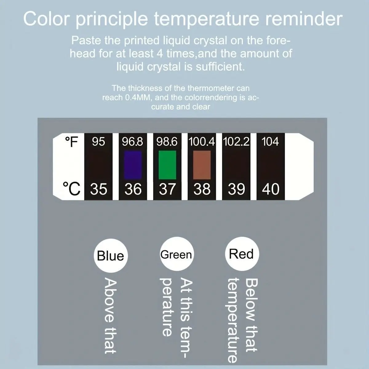Termómetro adhesivo de cristal líquido para frente con escala de 35 a 40 °C y indicador de color verde que muestra la temperatura corporal actual.