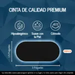 Cinta bucal negra hipoalergénica, suave y cómoda, de forma ovalada, con medidas de 3 por 1.5 pulgadas. Paquete de 30 unidades.