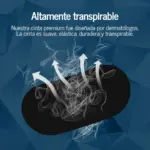 Cinta bucal antirronquidos negra ovalada con diseño transpirable y flechas que indican flujo de aire para respiración nasal.