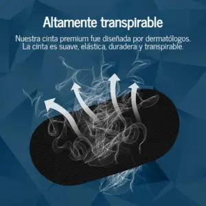 Cinta bucal antirronquidos negra ovalada con diseño transpirable y flechas que indican flujo de aire para respiración nasal.