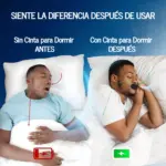 Hombre durmiendo con cinta bucal negra antirronquidos en la boca, mostrando mejora en su respiración y descanso nocturno en comparación con la noche anterior.