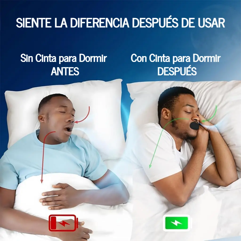 Hombre durmiendo con cinta bucal negra antirronquidos en la boca, mostrando mejora en su respiración y descanso nocturno en comparación con la noche anterior.
