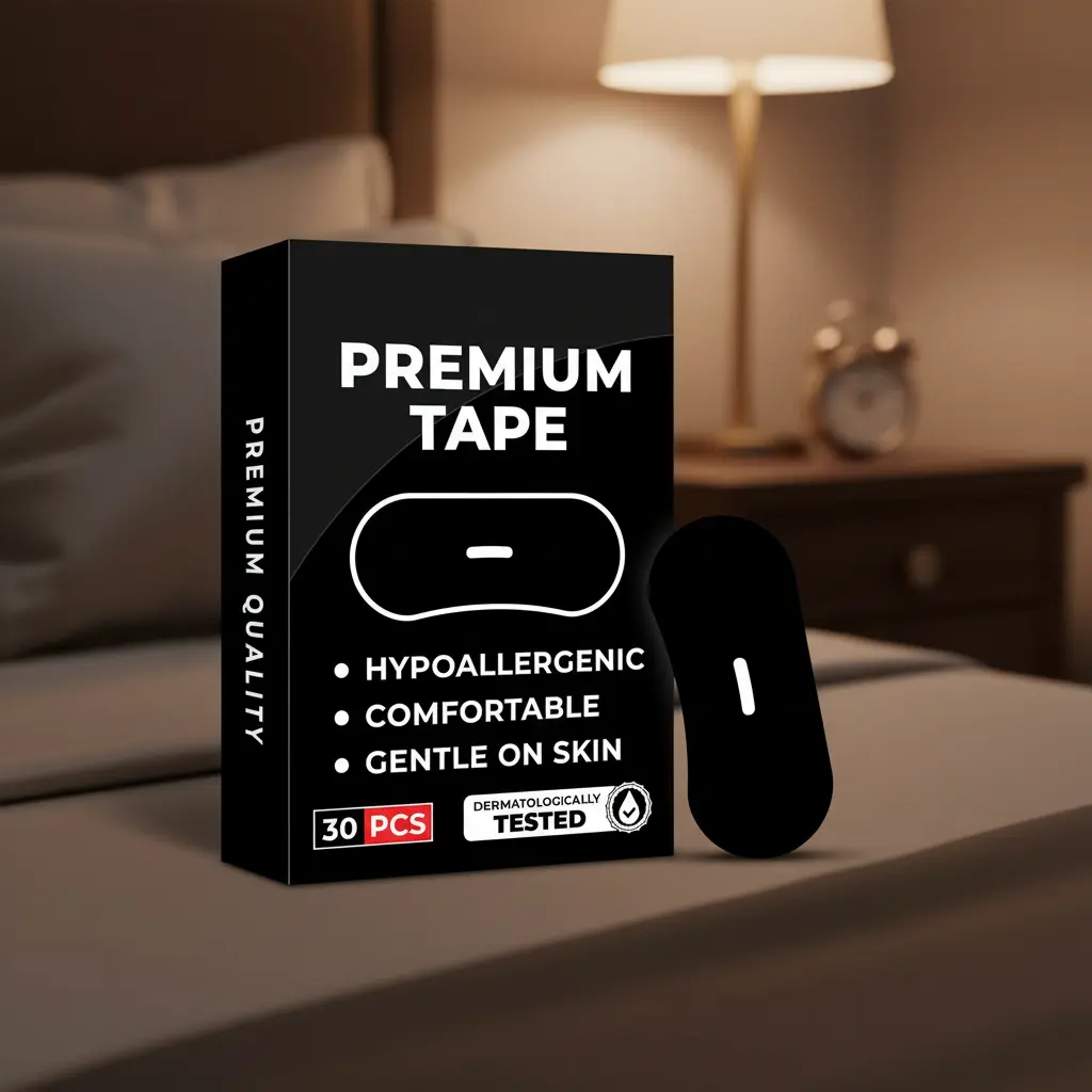 Caja negra de cinta bucal antirronquidos hipoalergénica con 30 unidades y una tira adhesiva negra de diseño ergonómico sobre la cama.