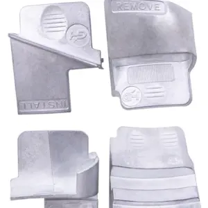 Herramientas metálicas plateadas para correas automotrices, con piezas grabadas 'INSTALL' y 'REMOVE' vistas desde distintos ángulos.