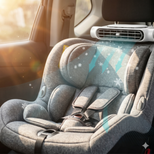 Ventilador blanco para reposacabezas de auto enfriando una silla infantil de tela gris mediante flujo de aire directo.
