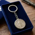 Llavero metálico de San Benito plateado con medalla redonda, presentado en estuche azul de terciopelo sobre una mesa de madera.