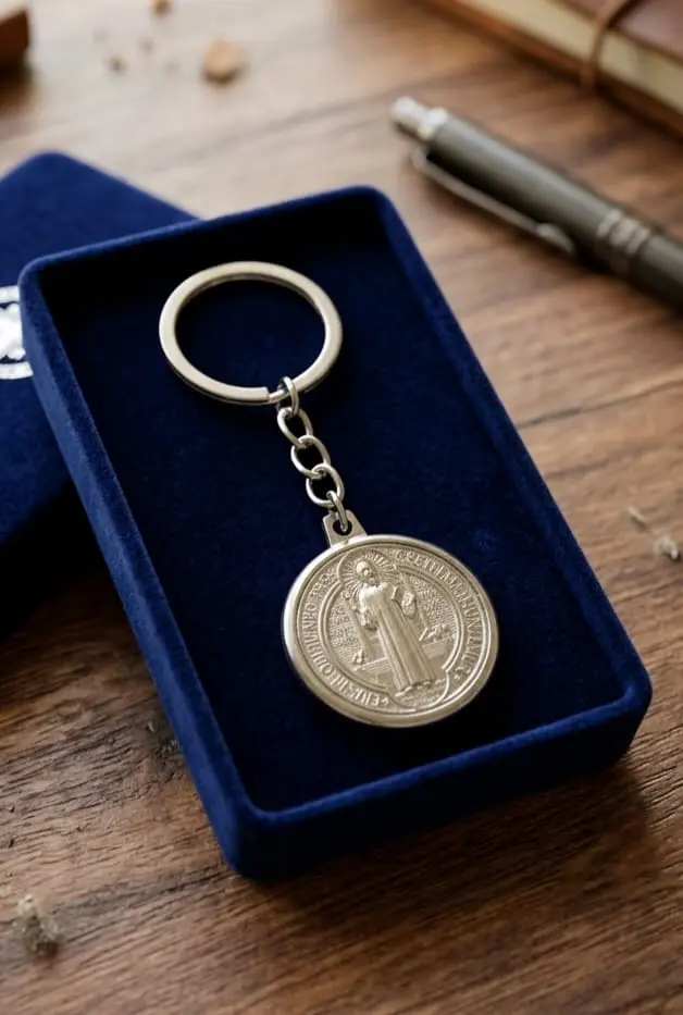 Llavero metálico de San Benito plateado con medalla redonda, presentado en estuche azul de terciopelo sobre una mesa de madera.