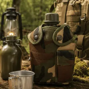 Termo militar con vaso metálico y estuche camuflado para camping - Garantiza una hidratación segura durante tus excursiones al aire libre