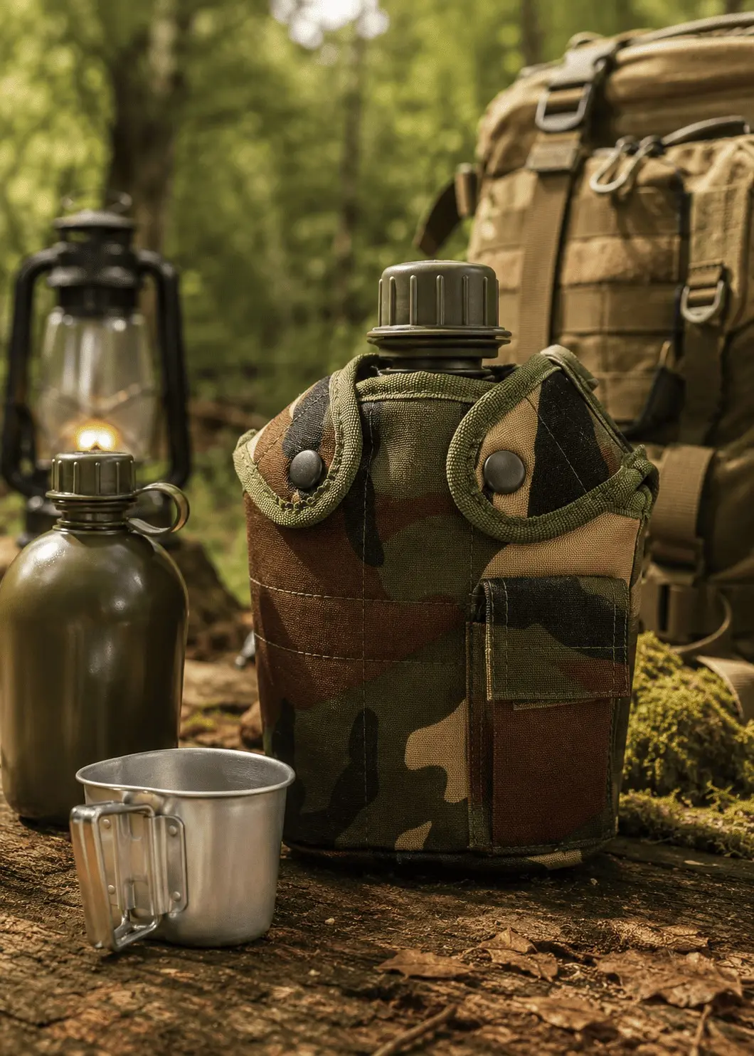 Termo militar con vaso metálico y estuche camuflado para camping - Garantiza una hidratación segura durante tus excursiones al aire libre