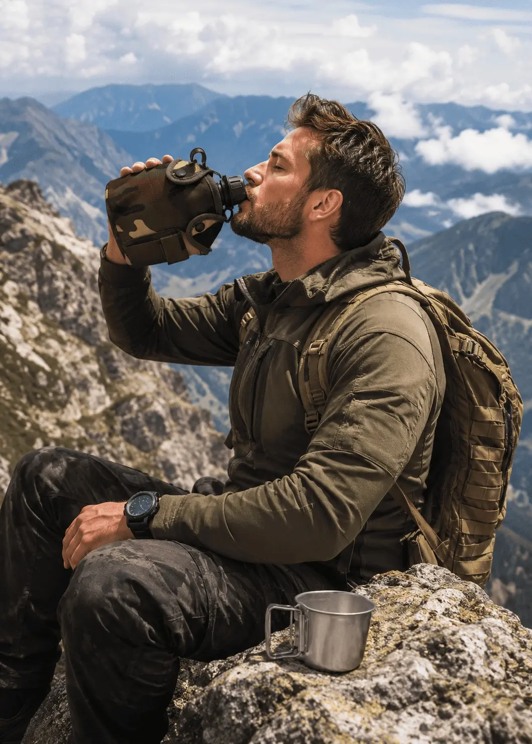 Termo militar con vaso metálico y estuche camuflado para camping - Garantiza una hidratación segura durante tus excursiones al aire libre