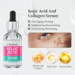 Sérum Kormesic con gotero. Muestra texturas de colágeno, ácido kójico y niacinamida para aclarar manchas y unificar el tono de la piel.