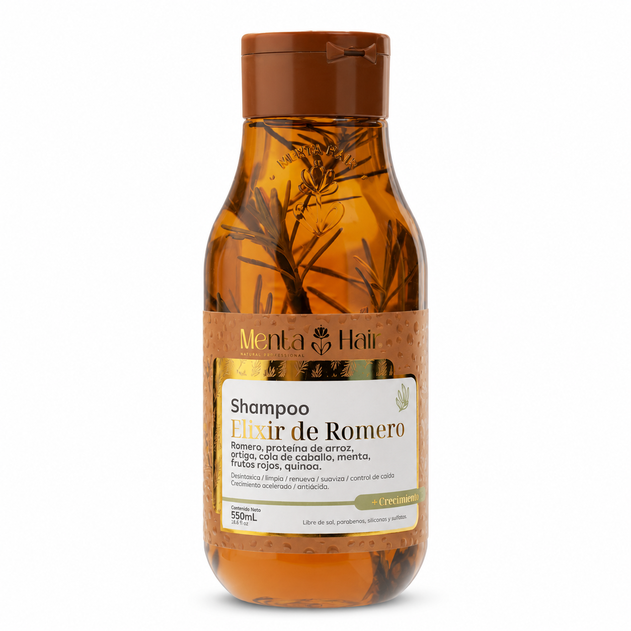 Presentación de 550 ml del shampoo elixir de romero