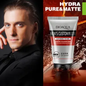 Gel limpiador facial para hombre Bioaqua control grasa con efecto mate y refrescante, acompañado de rostro masculino.